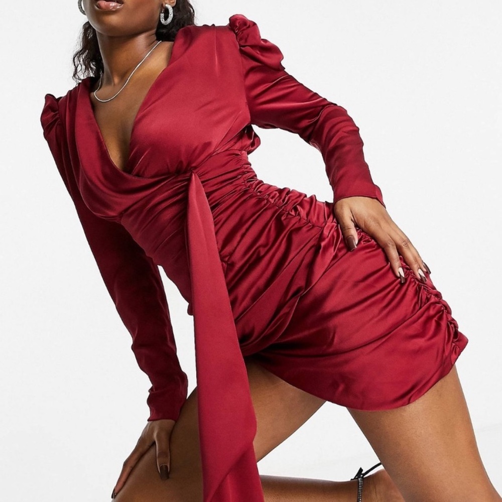 Lavish Alice Satin Shirt Mini Dress in Burgundy